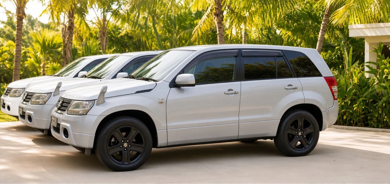 White Suzuki Grand Vitara compact SUVs in the Bequia rental fleet